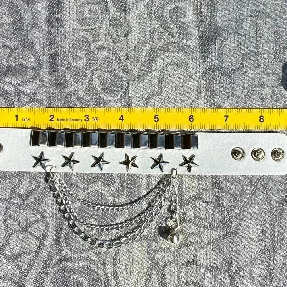 White Leather Punk Goth Rock Star Chain Metal Stud Snap Chain Cuff Bracelet NWT